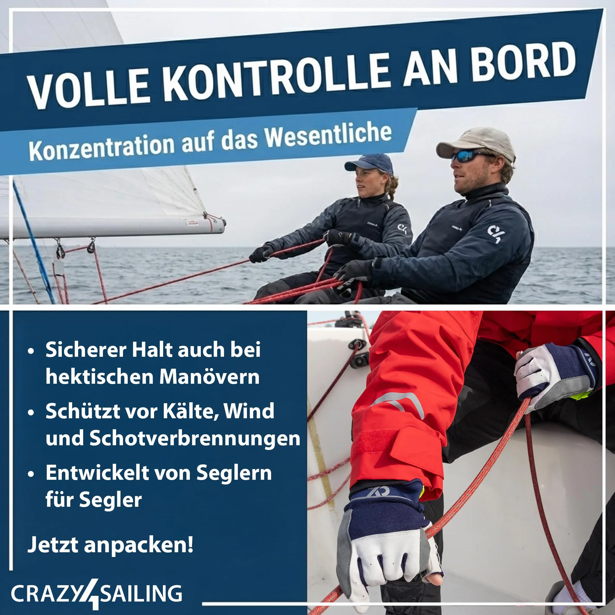 crazy4sailing Segelhandschuhe Herren & Damen Offshore Schwarz – Warmer 2-Finger Cut Hybrid für Winter & Hochsee – Daumen & Zeigefinger offen – Verstärkt, Taktil & rutschfest