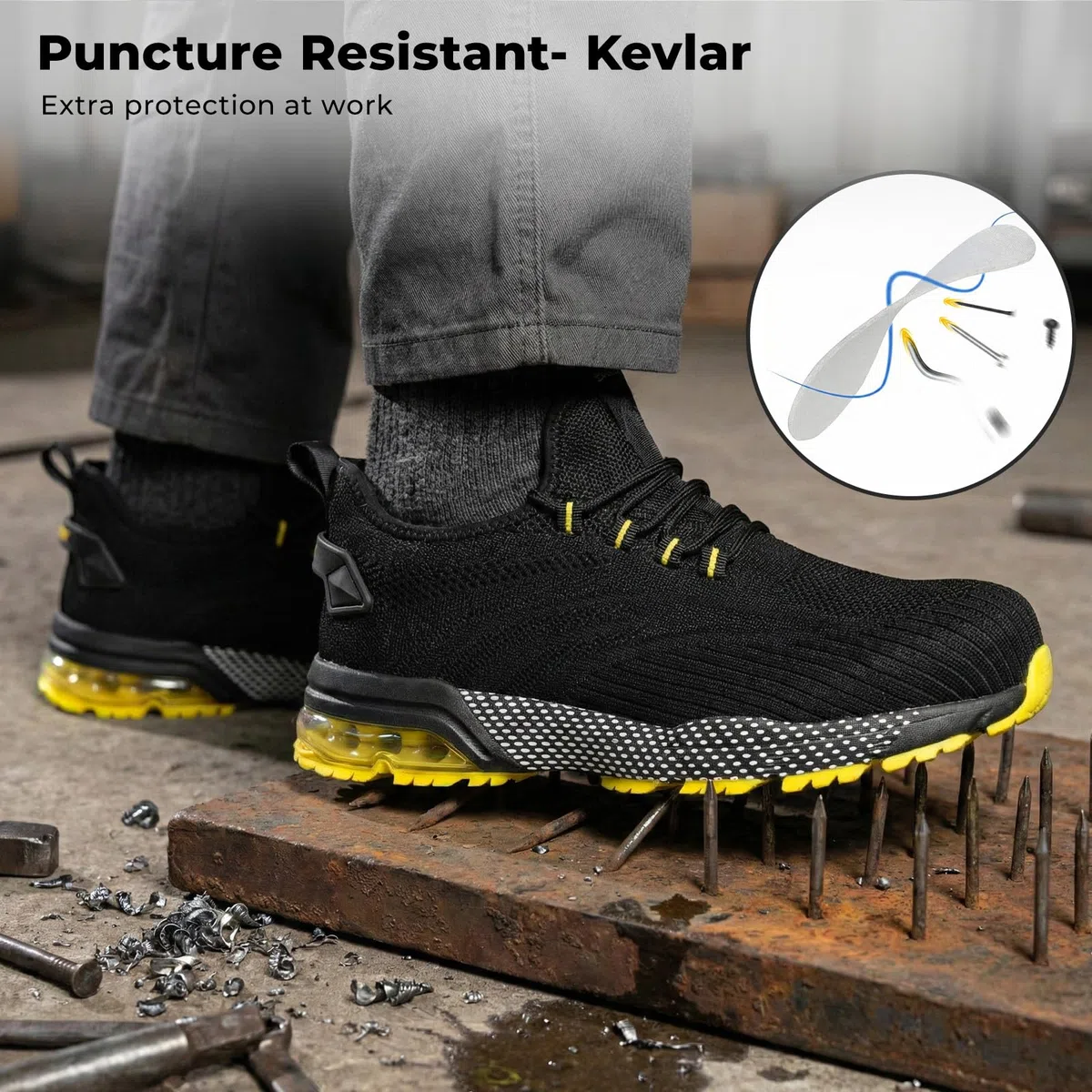 SPIEZ Arbeitsschuhe Herren Damen, Nicht Stahlkappenschuhe Luftkissen Arbeits Berufsschuhe, Leicht Atmungsaktive Safety Shoes Schwarz Blau/Schwarz Gelb EU36-46