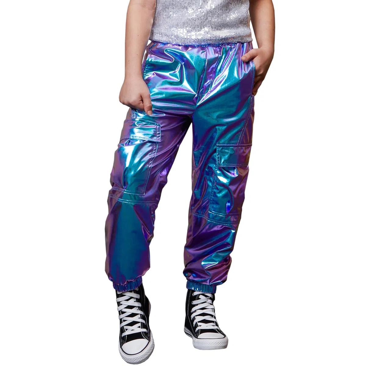 Perfashion Cargohose für Mädchen und Damen, metallisch, Hip-Hop-Tanzhose, mehrere Taschen, hohe Taille, 6–15 Jahre