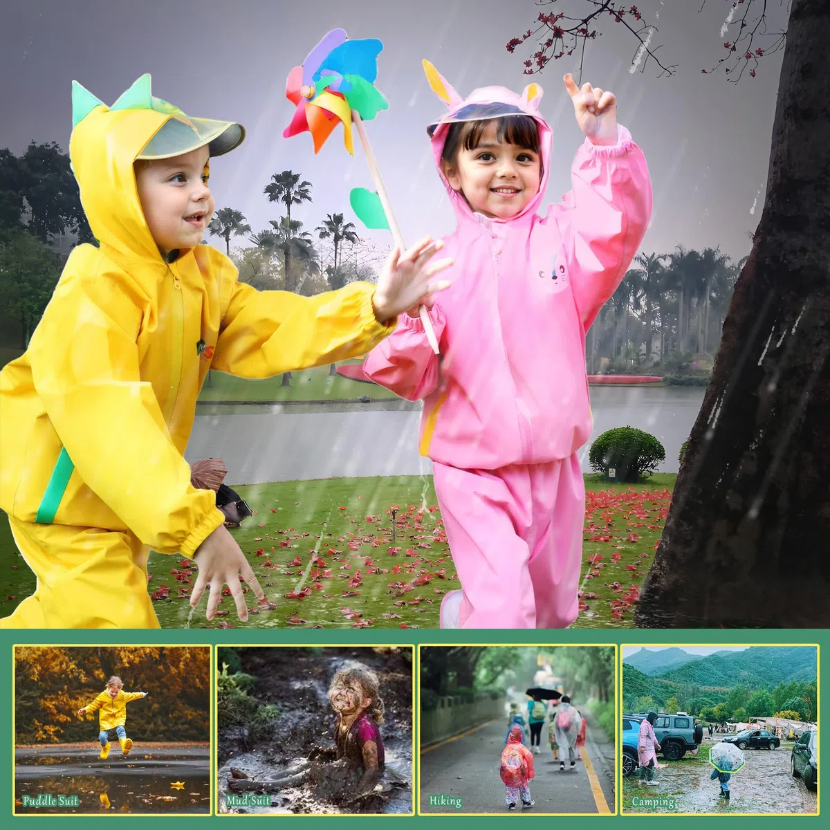Regenanzug Mädchen Jungen Wasserdicht Zweiteiliger Regenmantel Kapuze Regenjacke Regenhose Matschanzug Atmungsaktiv Leicht Tier Muster Regenset Regenkleidung für Unisex Kind Alter 2-7 Jahre