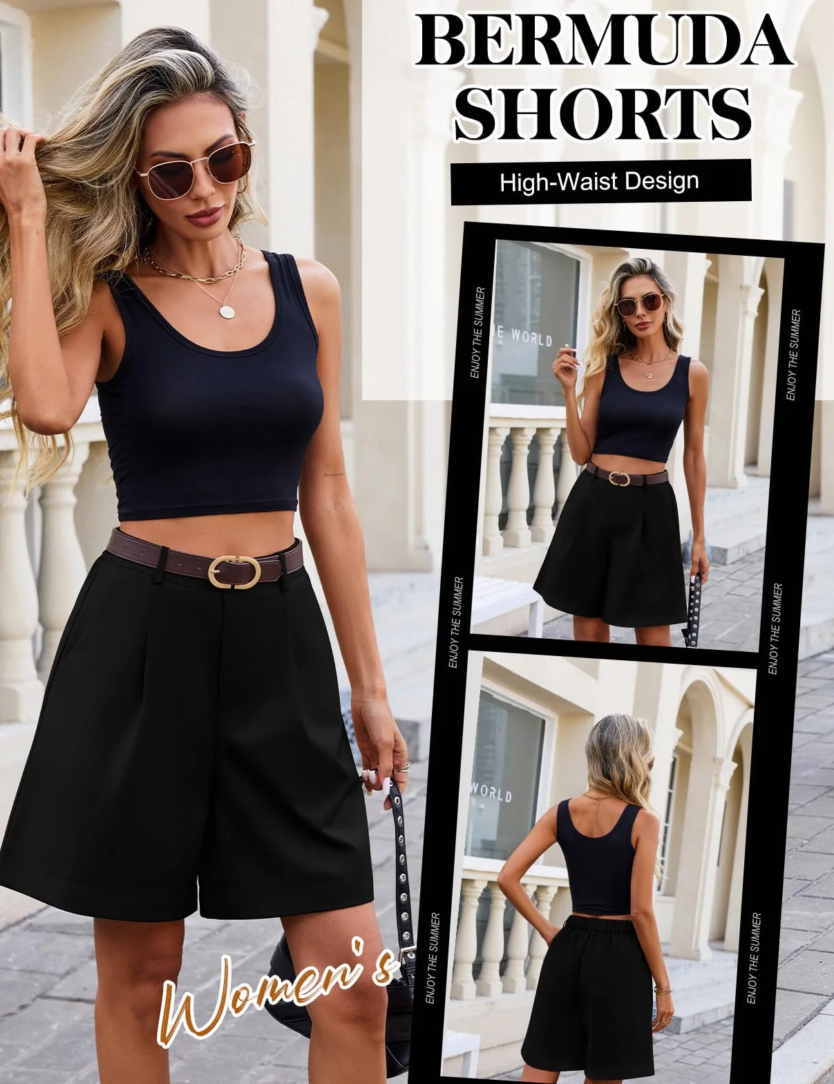 Bermuda Shorts Damen Lässig Elastische Hohe Taille Sommer Kurze Hose Einfarbig Weite Bein Kurze Hosen Casual Business Arbeitshose Cargohose mit Taschen Gürtelschlaufen
