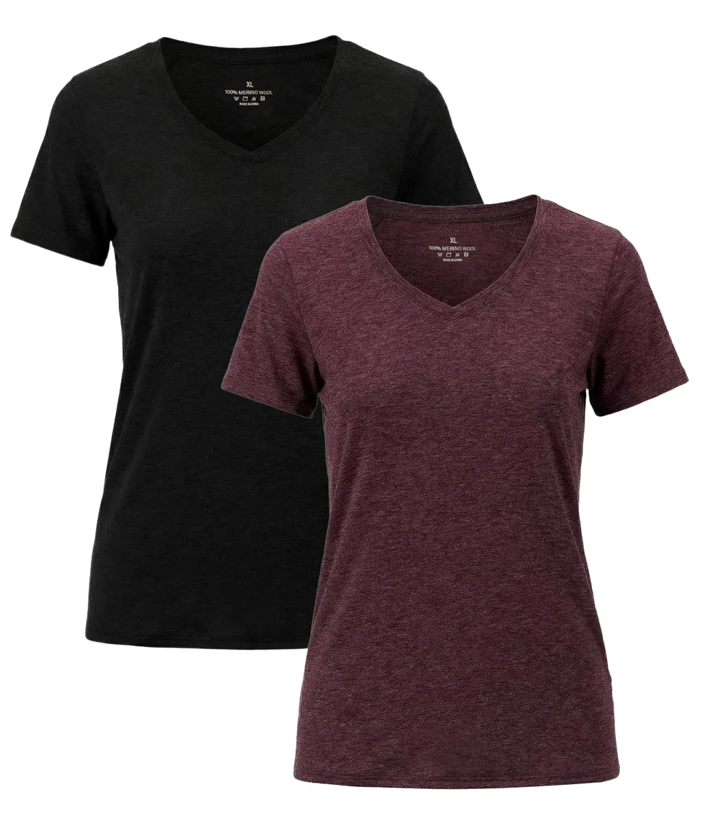 2er Pack Merino T Shirt Damen Kurzarm, Merinowolle V-Ausschnitt Shirt, Lightweight Thermo Undershirt Atmungsaktiv Frauen Base Layer