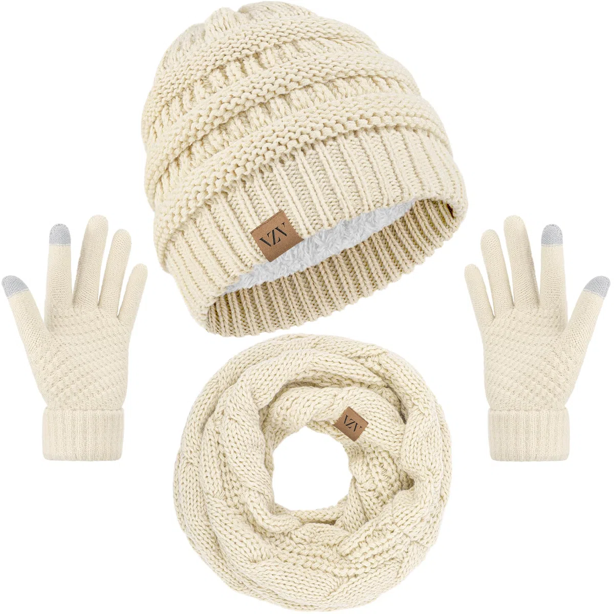 VZV Winter Set für Damen, Strickmütze mit Schal und Touchscreen-Handschuhe, Warmer Halswärmer, Schwarz