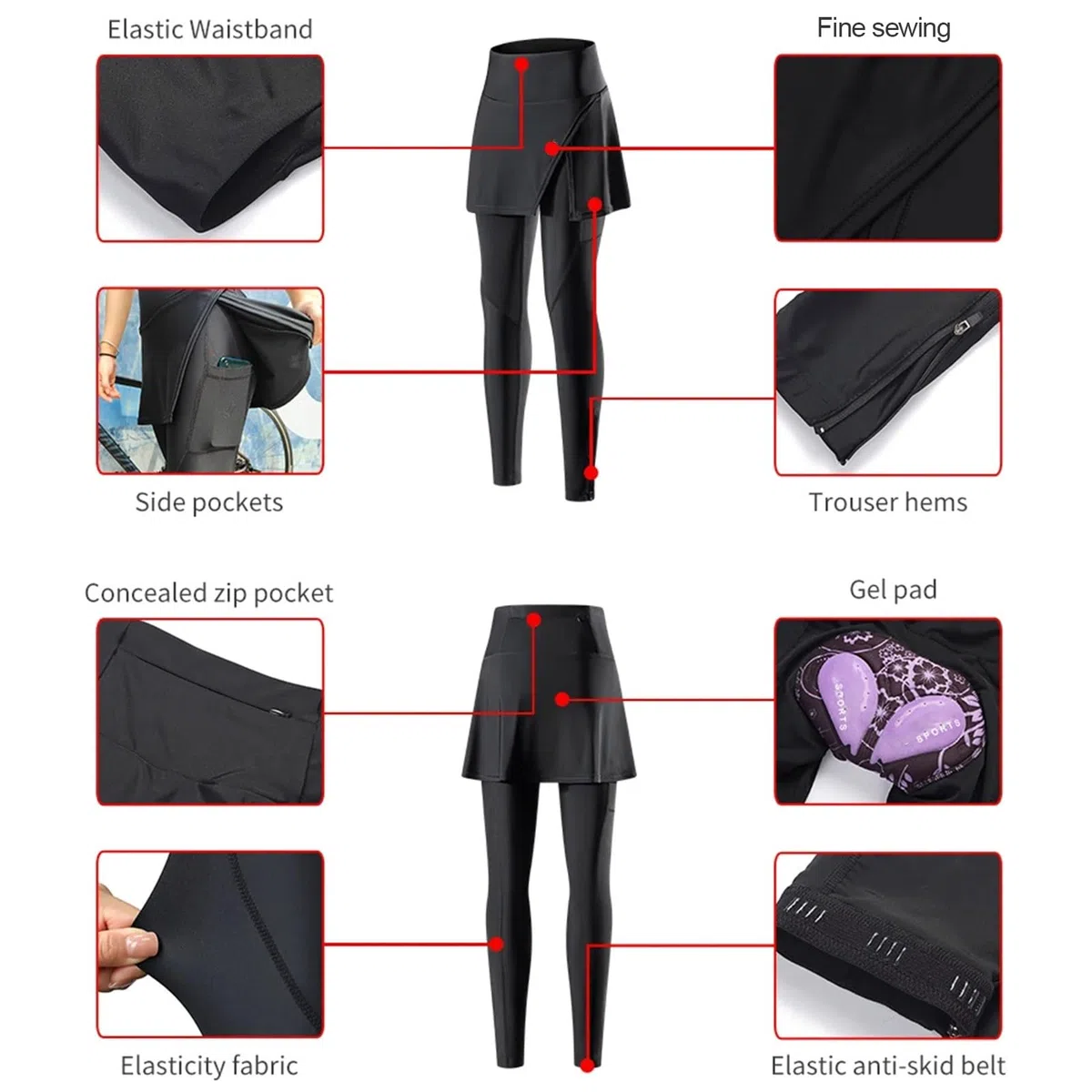 Radlerhose Damen Lang Gepolstert mit Rock, Fahrradhose Frauen Leggings High Waist Fahrradrock Atmungsaktiv Schnell Trocknend Radhose mit Tasche(XL)