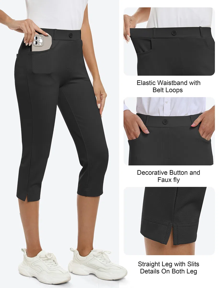 Damen Hosen für Business Stretch Freizeithose High Waist Straight Yoga Bürohose Slim Fit Capri Hosen mit Taschen Schwarzgrau S