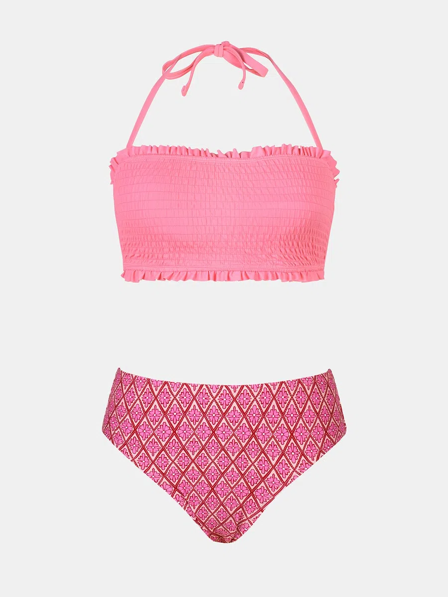 CUPSHE Damen Umstandsbadeanzug Bikini Set Neckholder Gesmokte Bandeau Volants Low Waist Bikini Einteilige Umstandsbademode Swimsuit
