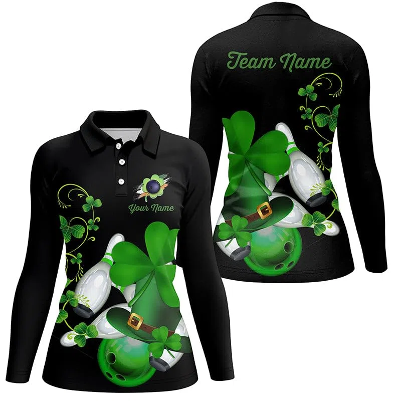 Herren & Damen Bowling Shirt mit Viertelreißverschluss, Grünes Kleeblatt Design, Individuell Gestaltetes Schwarzes Team Jersey für St. Patrick's Day N7195