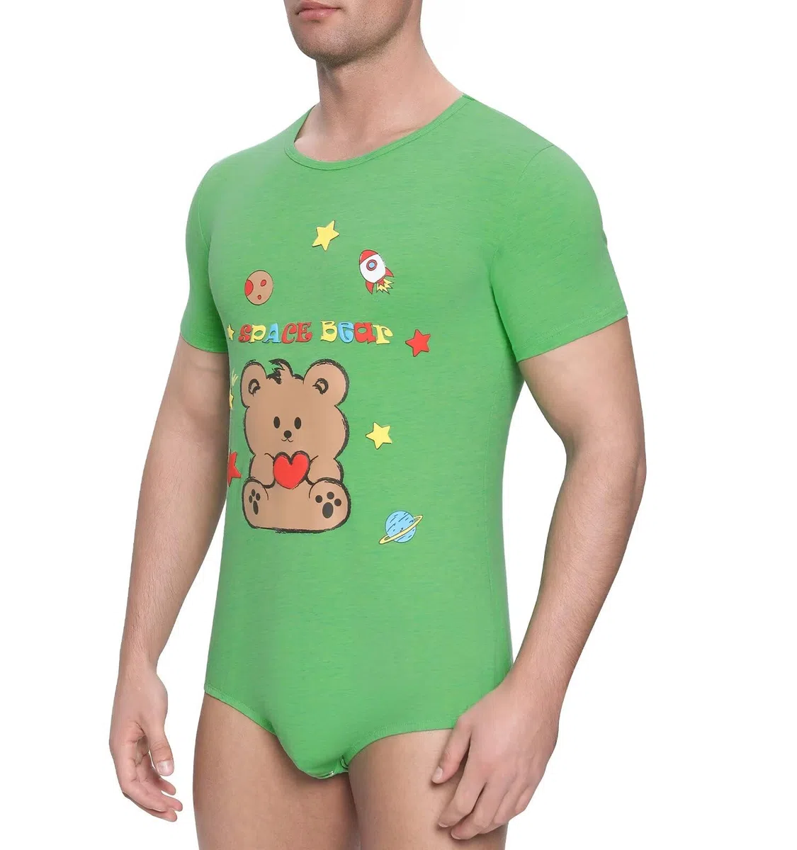 Landofgenie Bodysuit Herren One Piece Schlafanzug Shirt für Männer Kurzarm Jumpsuit Einteiliger Unterwäsche Baumwolle Bedruckte Onesie-Space Bear