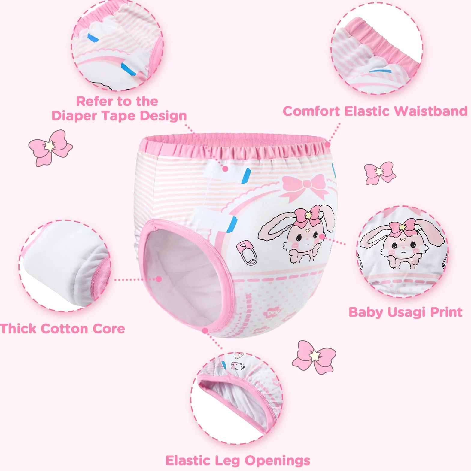 LittleForBig Weiche Baumwoll Unterwäsche Bequeme Waschbare Wiederverwendbare Trainingshosen für Erwachsene - Baby Usagi Rosa S