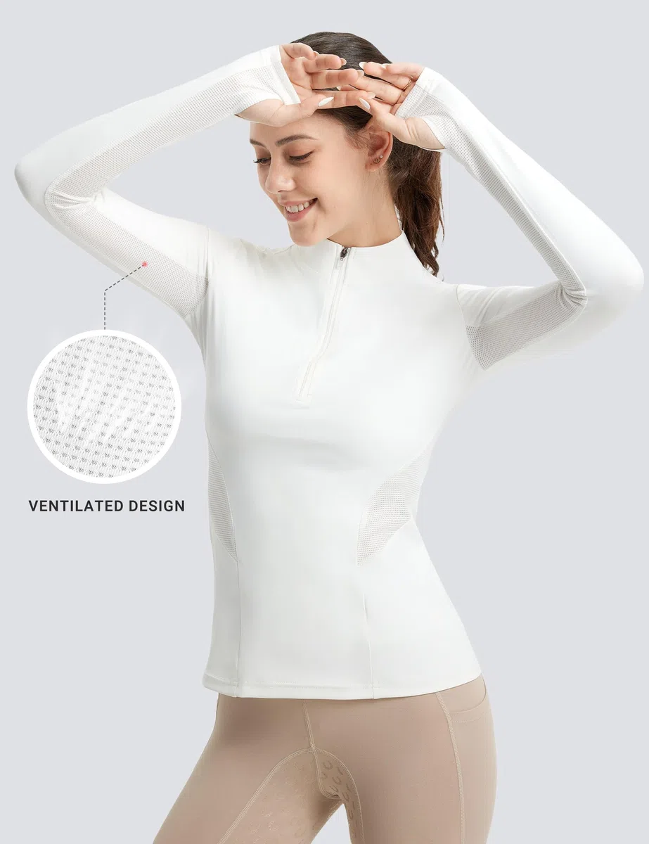 FitsT4 Sports Damen Reitshirt Langarm Reithemden Schnell Trocken Funktionsshirt mit Halber Reißverschluss