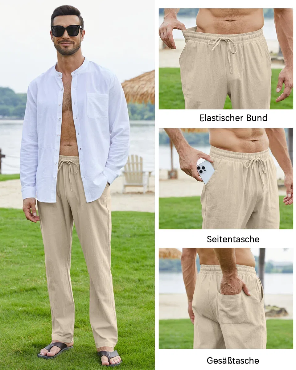 NANAMEEI Herren Leinenhose Lang mit Kordelzug Leicht Sommer Freizeit Strand