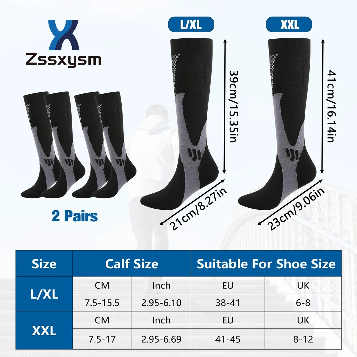 Kompressionsstrümpfe für Herren 2 Paar, Plantarfasziitis Compression Socken, Thrombosestrümpfe, Kompressionssocken Stützstrümpfe für Laufen Sport Flug Reise Radsport Fitness, Größe 38-45