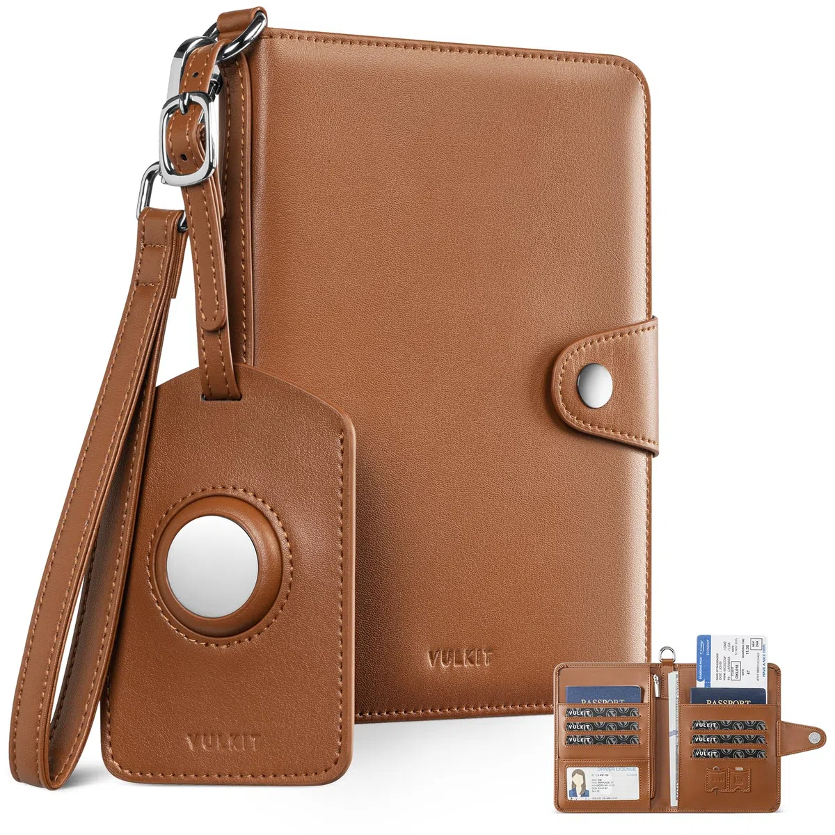 VULKIT Reisepass Organizer mit Airtag-Fach für 4 Pässe – 2-in-1 RFID Reiseorganizer Dokumente mit Gepäckanhänger, Hält Ausweis/6+ Karten/Reiseunterlagen/Bargeld (Braun, Familie 4 Personen)