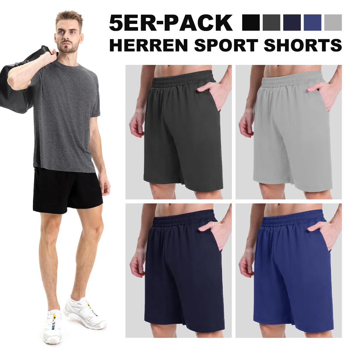 AKKQHH 5er-Pack Sporthose Herren Kurz Laufhose Kurze Hose mit Tasche Laufshorts Atmungsaktiv Schnell Trocknend Sportshorts Jogginghose Herren für Gym Sommer
