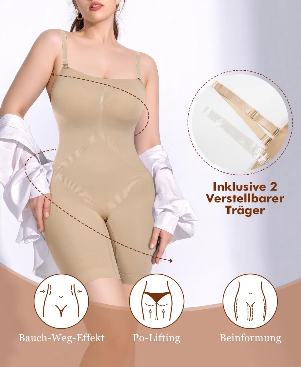 Werena Shapewear Damen Body Bauchweg Trägerlos – Full Body Shaper mit Bein, Nahtloser Bodysuit Stark Formend, Figurformender Miederbody mit 2 Paar Abnehmbaren Trägern