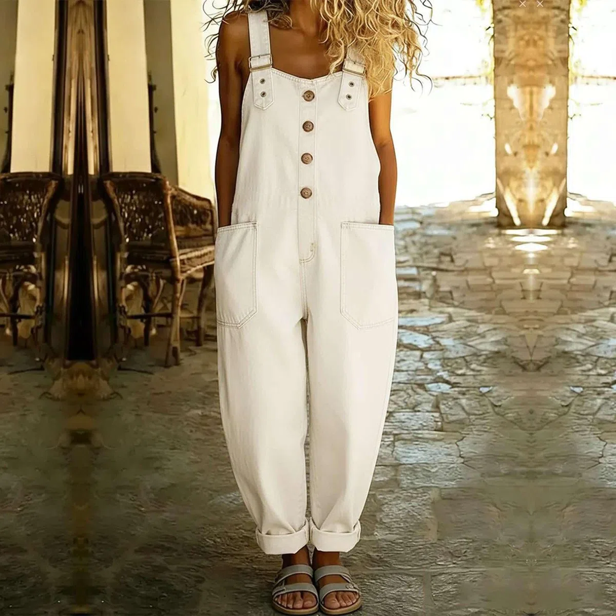 Generisch Latzhose Damen Sommer Boho Vintage Baggy Jeans Jumpsuits Ärmellos Weites Bein Einteiler Baumwolle Jumpsuit mit Taschen Locker Bequem Freizeit Outfit Retro Gartenarbeit Urlaub Overall