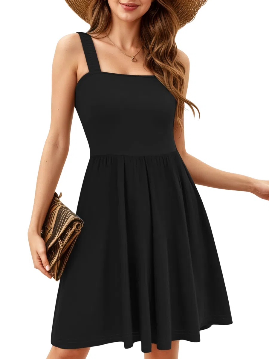Oyamiki Sommerkleider Damen Knielang Ärmellos Blumen Hohe Taille A Linien mit Eckiger Ausschnitt Kleid Casual Strandkleider Floral Midikleid