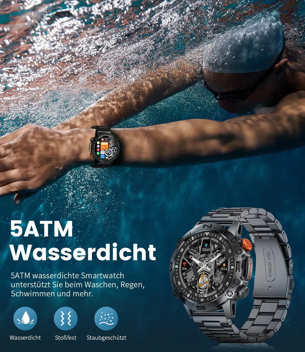 LIGE Smartwatch Herren mit Telefonfunktion für Android iOS 1.43'' Amoled HD Outdoor Sportuhr Smartwatch mit 110 Sportmodi,Pulsmesser/Schlafmonitor,IP68 Wasserdicht Schrittzähler,400mAh Batterie