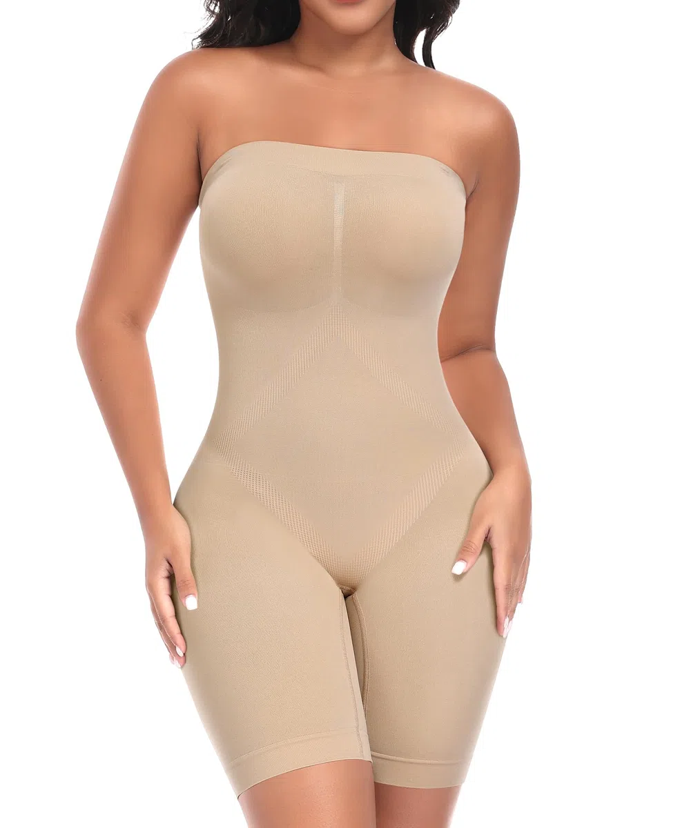 Werena Shapewear Damen Body Bauchweg Trägerlos – Full Body Shaper mit Bein, Nahtloser Bodysuit Stark Formend, Figurformender Miederbody mit 2 Paar Abnehmbaren Trägern