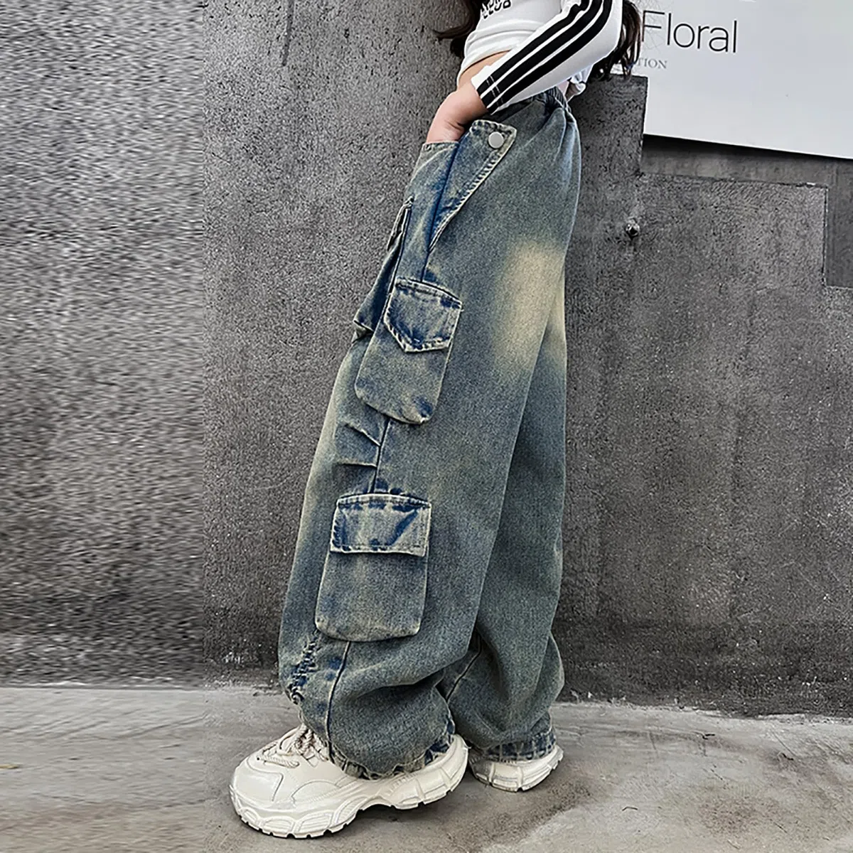 Rolanko Baggy Cargo Jeans für Mädchen, Elastische Hose mit Hoher Taille und Weitem Bein Y2K Jeanshose mit Mehreren Taschen
