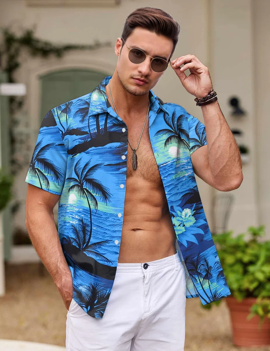 Hawaiihemd Männer Blumen Freizeit Strandhemd mit Brusttasche Atmungsaktiv Regular Fit Hawaii Shirt