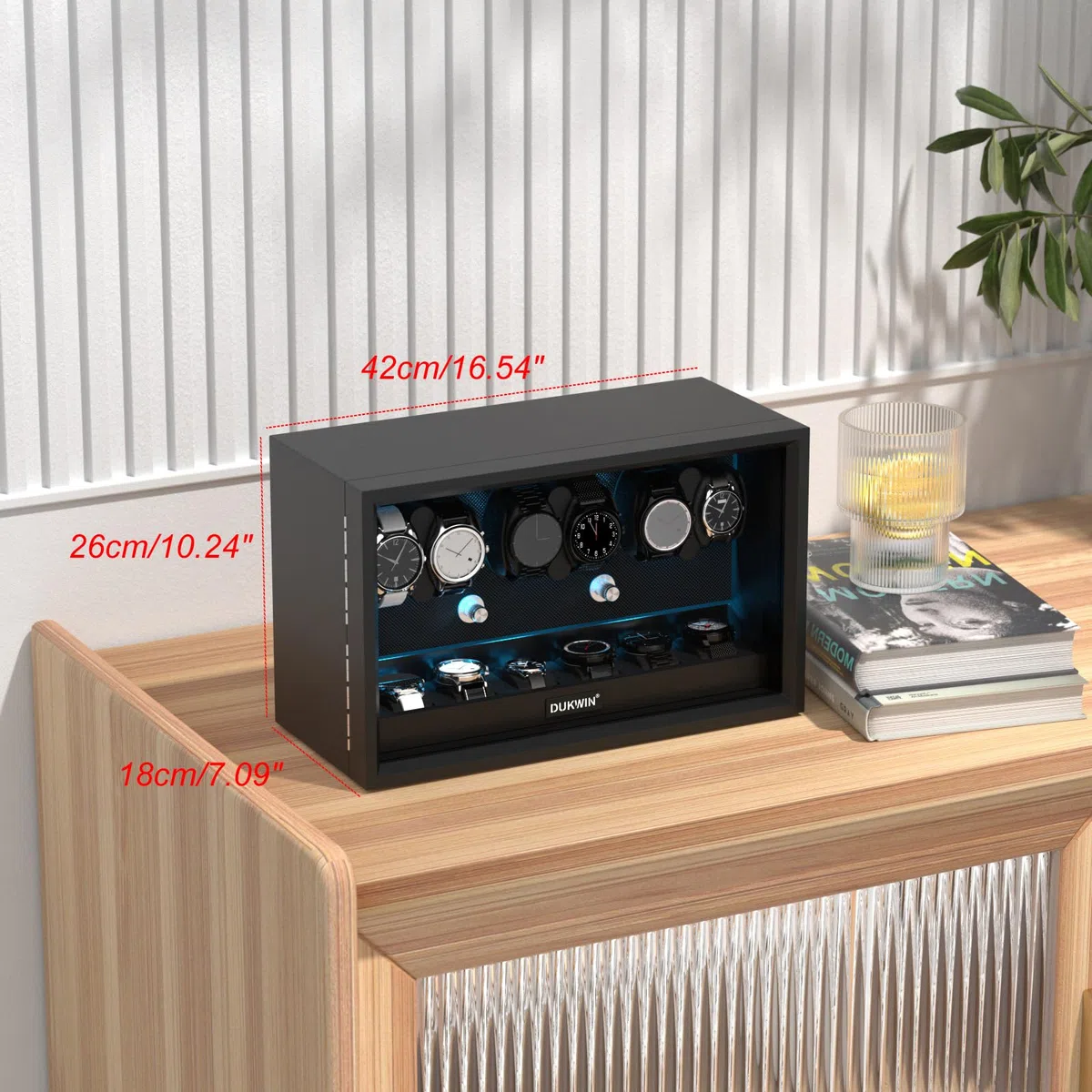 XTELARY Uhrenbeweger für 4/6/8/12 Automatikuhren, Abschließbarer Automatikbeweger mit 4 Rotationsmodi,Extra Uhrenfächern, Flexible Uhrenkissen, Leiser Mabuchi Motor und Blaue Hintergrundbeleuchtung