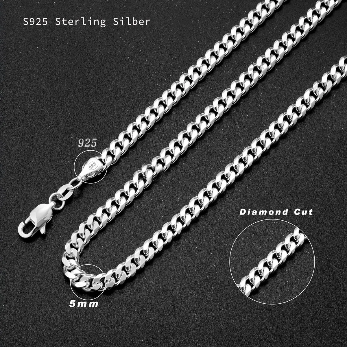 Kette Herren S925 Sterling Silber über Ketten für Herren Statement 5mm Breit Kubanische Kette Männer Lang Wasserfester Schmuck Silber Geschenk Verschiedliche Längen 46/51/56/61/66 CM