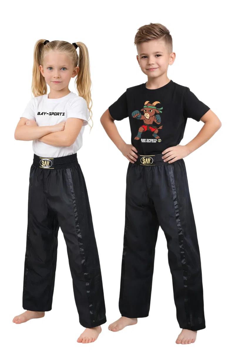 Bay Netz Mesh Kickboxhose Kampfsporthose Schwarz lang Mesh-Netzeinsatz Kontraststreifen in Schwarz seitlich Polyester Erwachsene Damen Herren Kinder Jungen Mädchen Größe L (180)