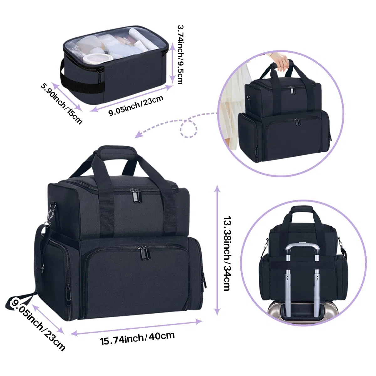 Große Kosmetiktasche mit Abnehmbaren Make-up-Tasche Schwarz | mit 4 abnehmbaren Doppelschicht Reiseveranstalter Make-up-Tasche mit Innenteilern und Bürsten Aufbewahrungsbereich