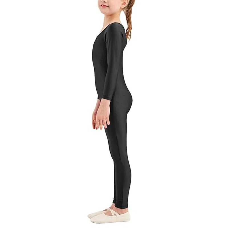 Damen Mädchen Kinder Glänzend Steigbügel Tanzkostüm Gymnastik Langarm Einteiler Catsuit