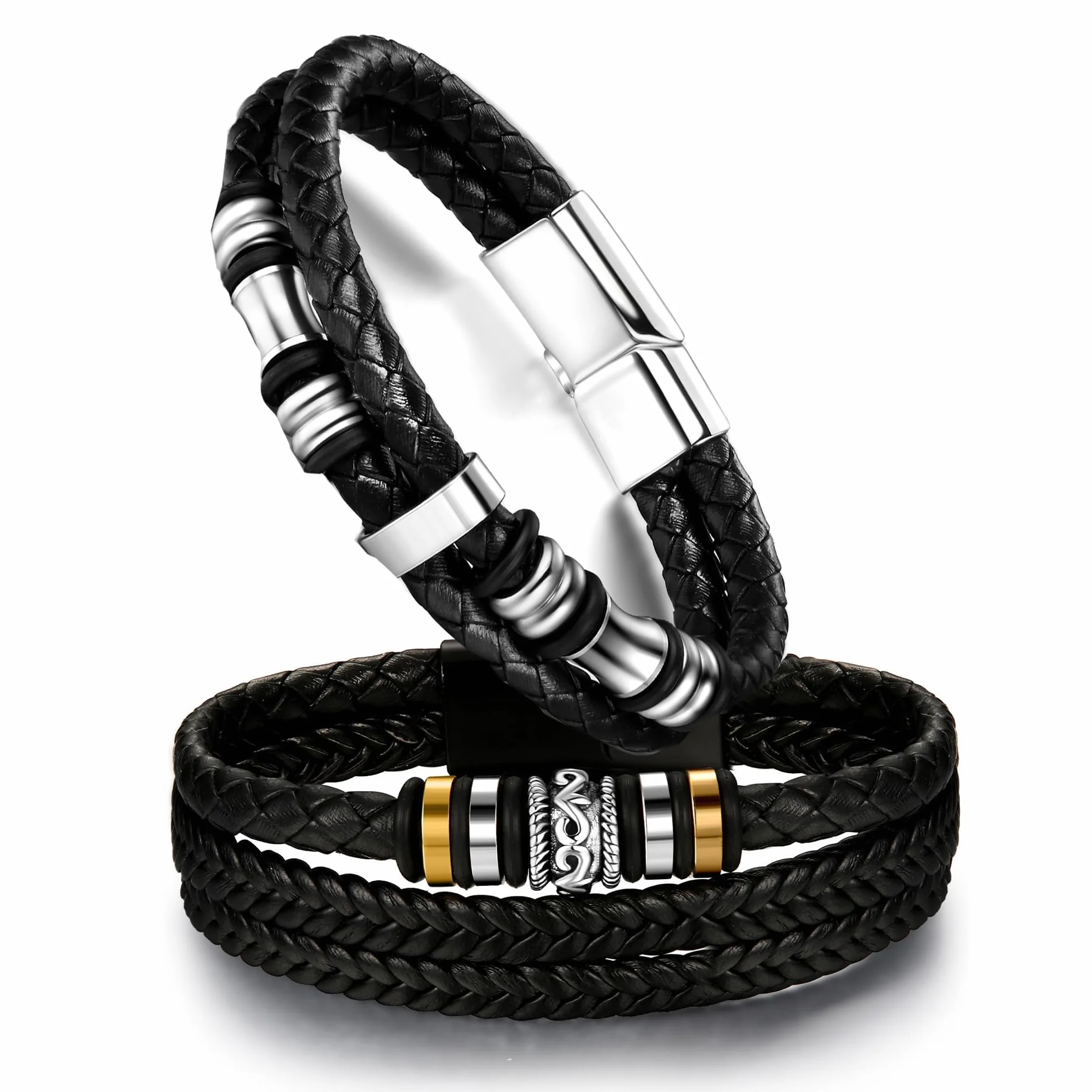 Dochais 2 Stücke Herren Armband, Premium Lederarmband für Männer in Schwarz Magnetverschluss aus Edelstahl Premium Echtlederarmband aus Leder Echtleder Geflochten Mit Magnet Verschluss