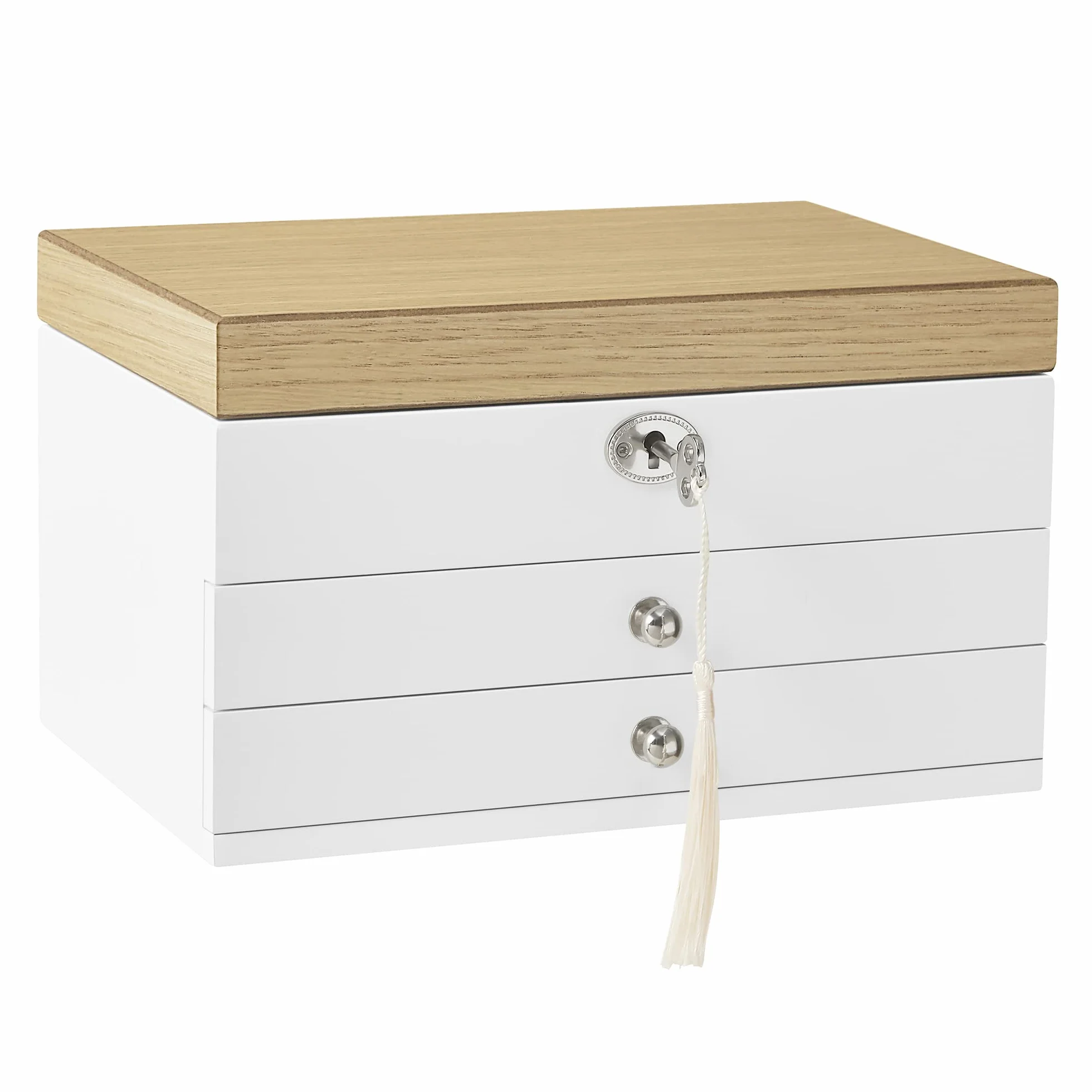 SONGMICS Schmuckkästchen 3 Ebenen, Schmuckkasten, Schmuckschatulle, großer Spiegel, 2 Schubladen, abschließbar, Geschenkidee, für Ringe, Ohrringe, Armbänder, Halsketten, weiß-holzfarben JOW15WN