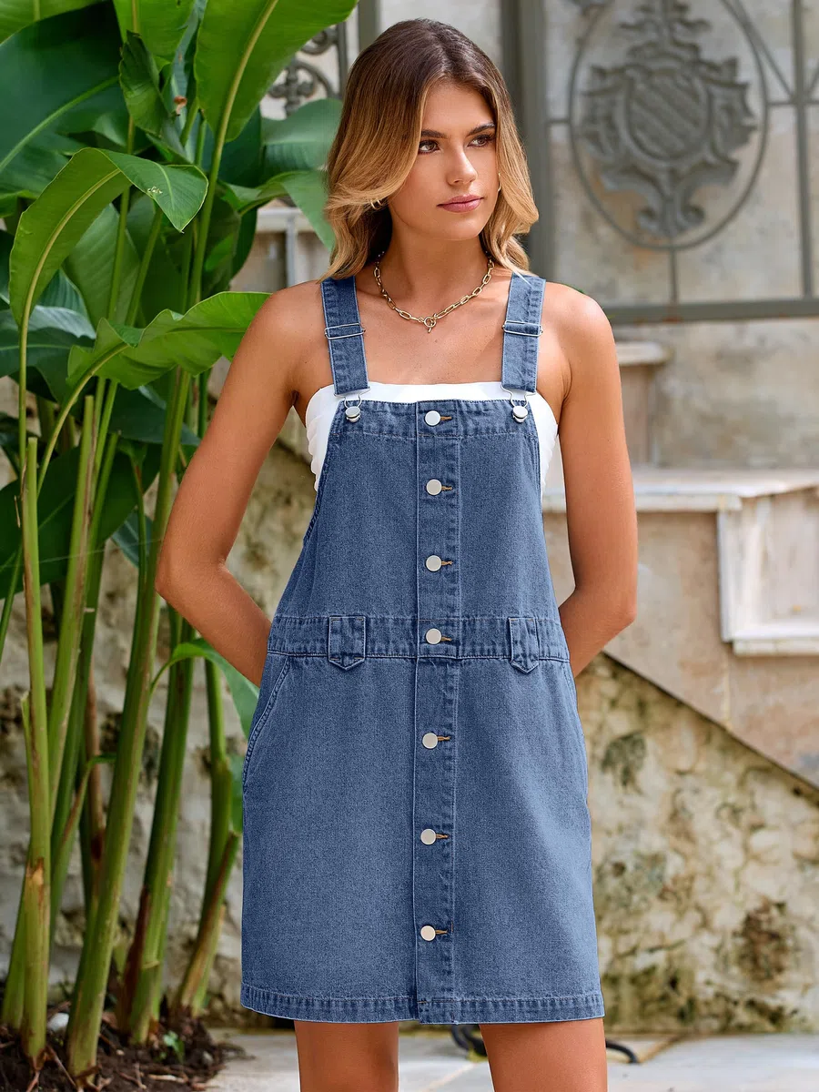 Glamaker Damen Denim Overall Kleid Jeans Ärmellos 2025 Mini Latzhose Casual Knopf Kleid mit Tasche
