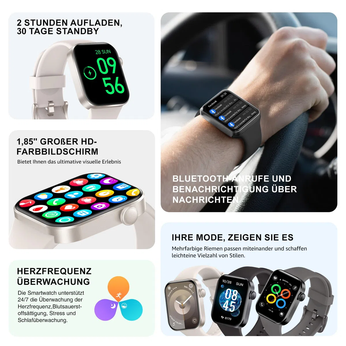 Smartwatch Damen Herren, 1,85" Smart Watch mit Telefonfunktion/Message Reminder, 140+ Sportmodi Impermeabile IP68 Fitnessuhrmit Herzfrequenzmonitor/Schlafmonitor Schrittzähler für iOS Android