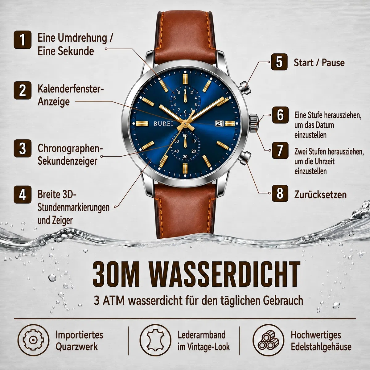 BUREI Herrenuhr Chronograph 44mm – Retro Armbanduhr Herren mit großem Zifferblatt & Lederarmband | Business, Casual, Sport | wasserdicht | Geschenk für Männer