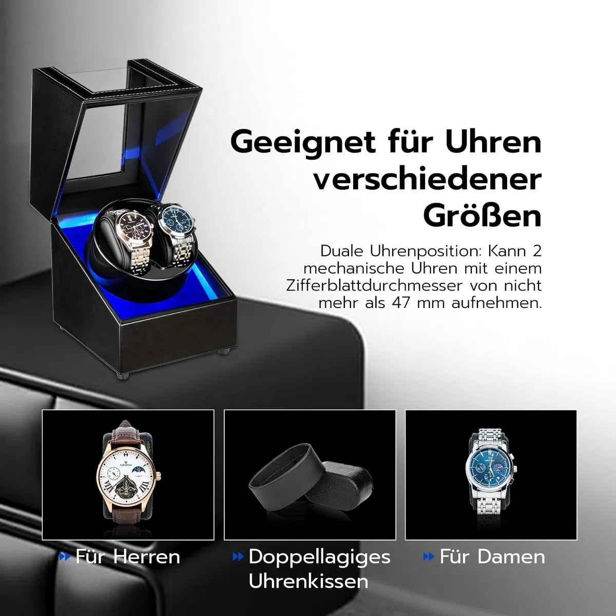Mcbazel Uhrendreher 2 Uhren Automatik, Watch Winder Box mit LED-Licht 5 Modi Automatisch Drehbares Automatische Uhrenbeweger Leiser PU Leder für Automatikuhren Herren Damen – Schwarz