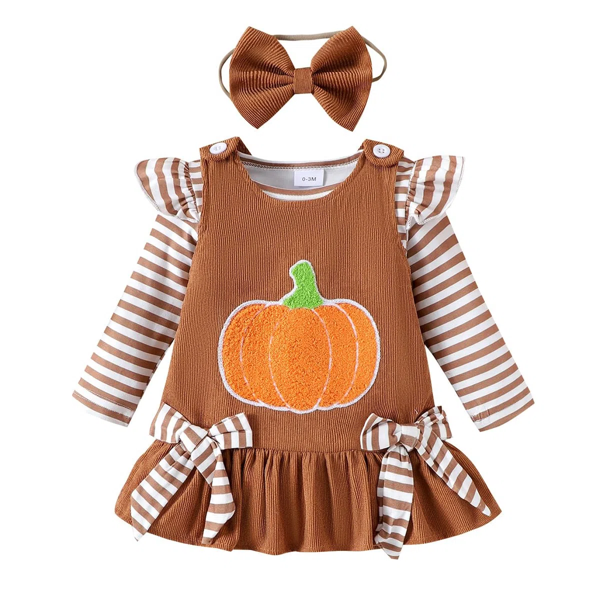 Baby Mädchen Halloween Röcke Sets Rüschen Langarm Tupfen Strampler Top + Süß Kürbis Overalls Hosenträger Kleid Herbst Kleidung Outfits 3Pcs Brauner Kürbis 3-6 Monate