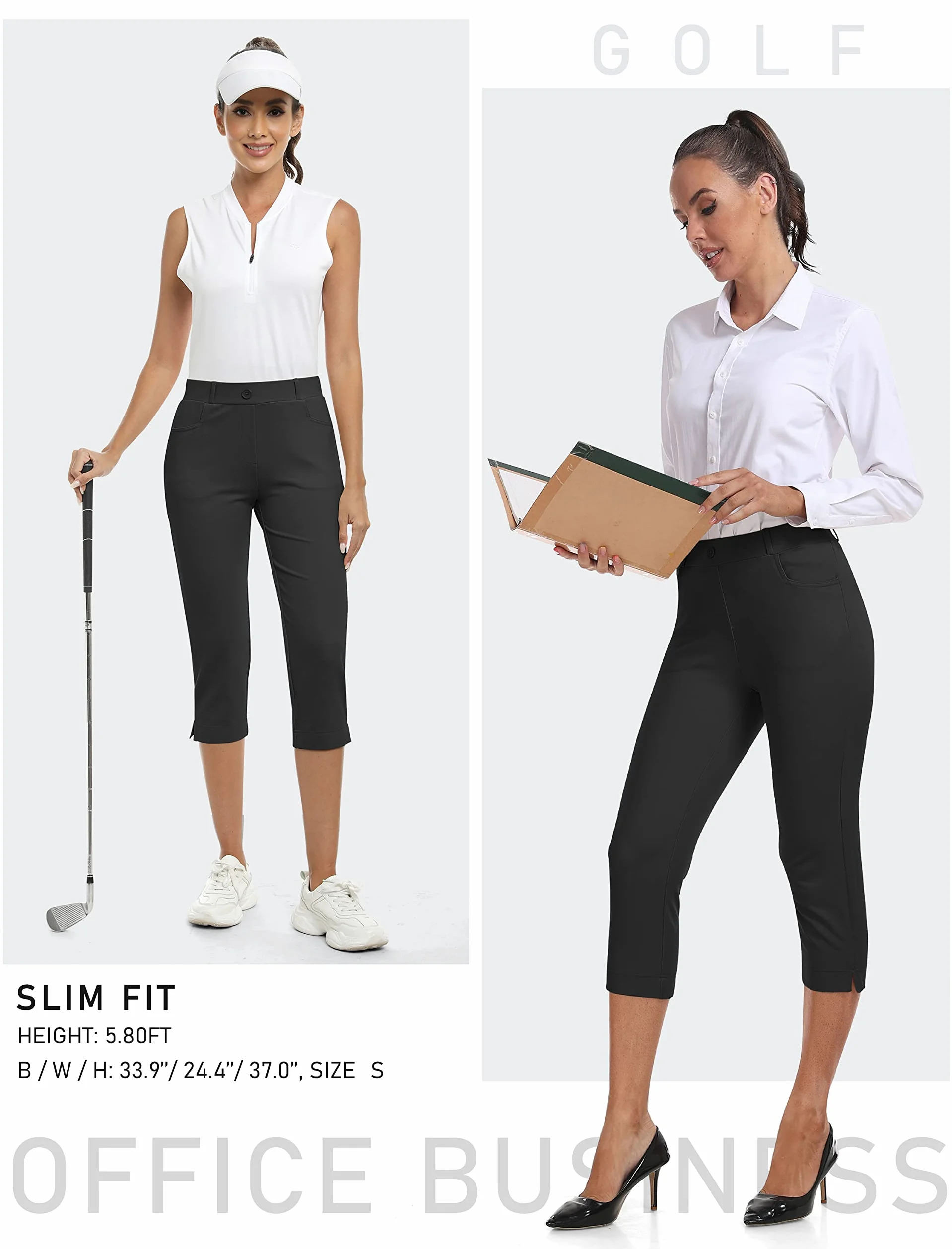 Damen Hosen für Business Stretch Freizeithose High Waist Straight Yoga Bürohose Slim Fit Capri Hosen mit Taschen Schwarzgrau S