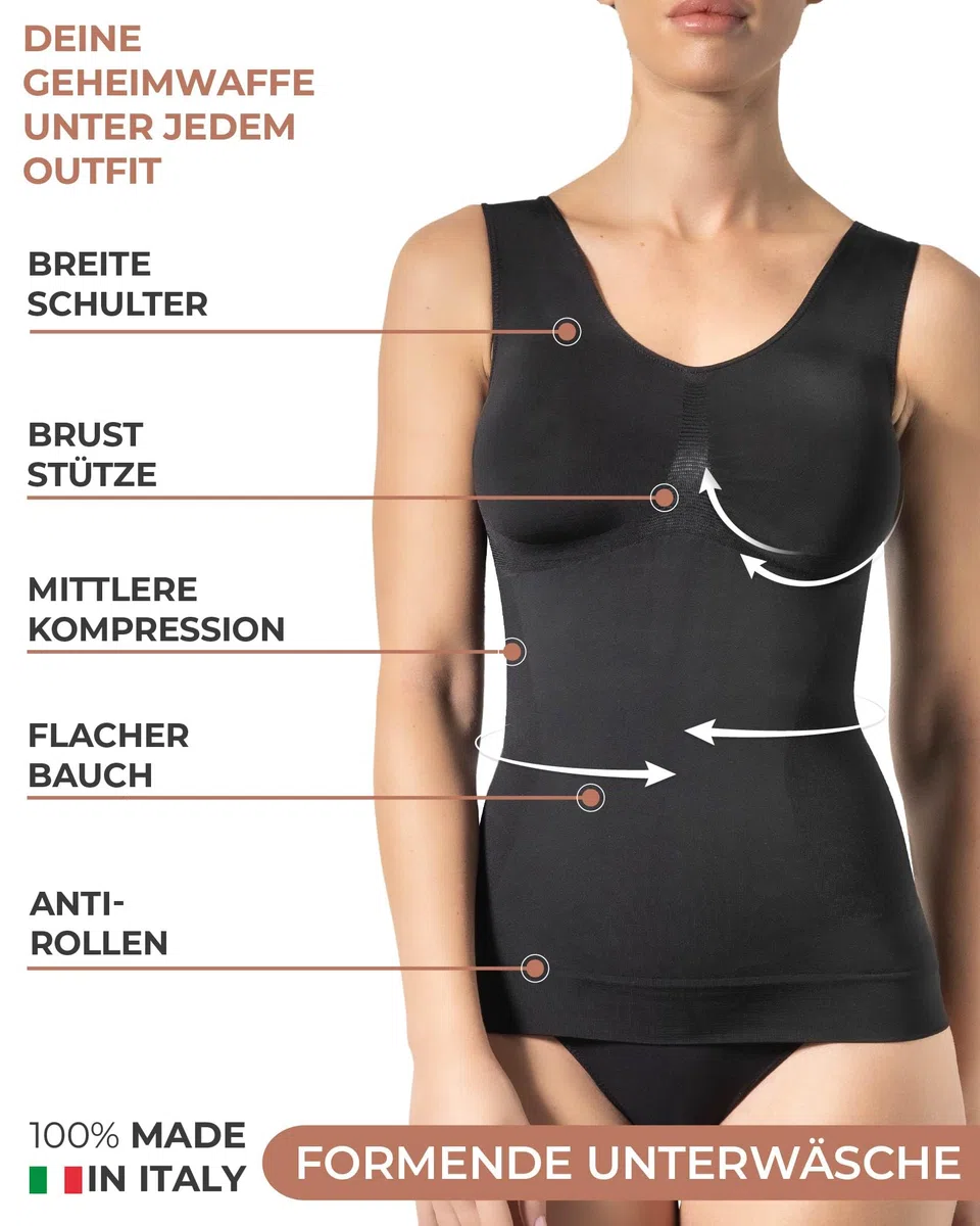 Risalti Shapewear Tanktop mit Breitträgern - Damen Top & BH ohne Bügel integriert, Bauchanschwemmung Tank Top - Made in Italy