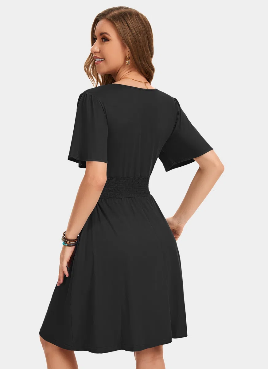 WNEEDU Sommerkleider Damen Elegant Kleid Rüschenärmel V-Ausschnitt Empire Taille Leichte Sommerkleider Luftige Strandkleider Damen mit Taschen