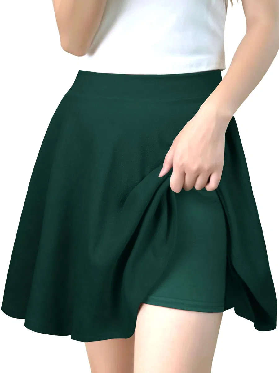 GOOBGS Women's Casual Versatile Mini Skater Stretchy Skirt with Shorts Deep Green Small