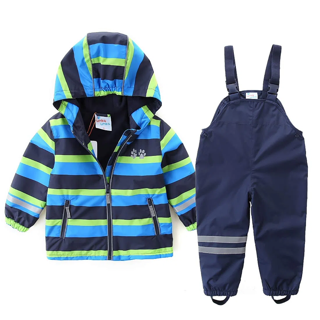 Kinder Zweiteiliger Regenanzug für Jungen und Mädchen, Wasserabweisende Jacke mit Regenlatzhose, Matsch-Anzug mit Kapuze