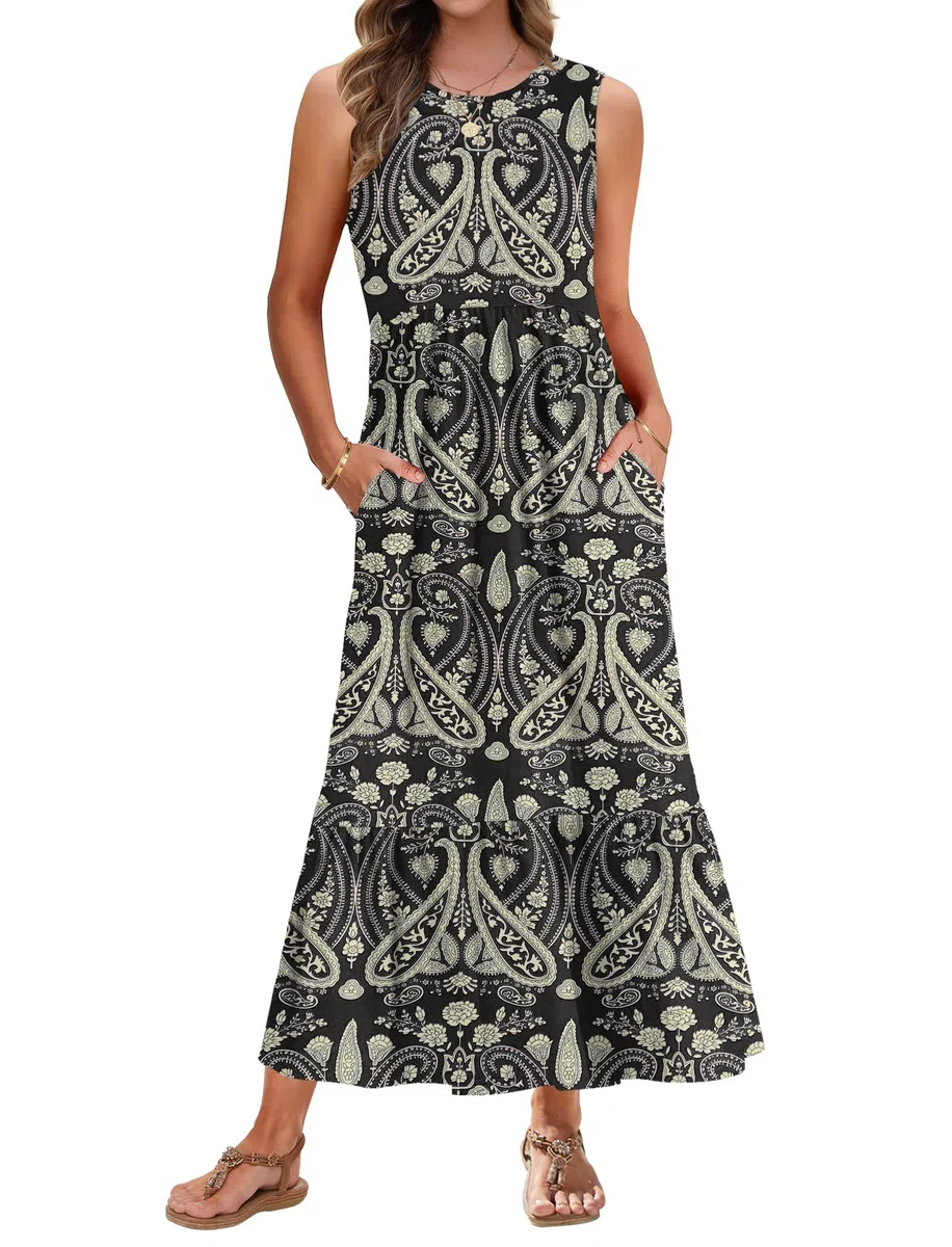 AUSELILY Sommerkleid Damen Lang Ärmelloses Maxikleid Damen Sommer Strandkleid Lange Rundhals Tank Top Kleider Leicht und Luftig mit Taschen Elastischer Taille