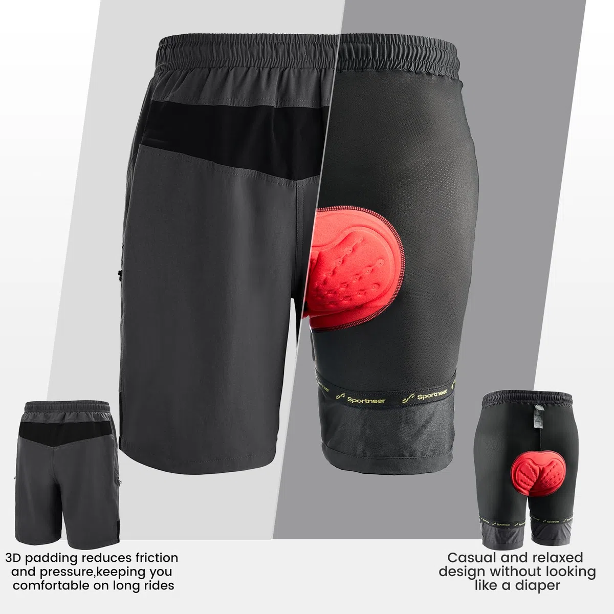 Sportneer MTB Radlerhose Herren Gepolsterte Radhose Herren Radlerhose 3D Gefüttert Mountainbike Radsport Sport Radfahren Outdoor