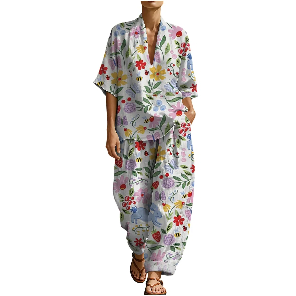 Leinenanzug Damen Sommer Musselin Set Zweiteiler Locker Lässig Atmungsaktives Kurzarm V-Ausschnitt Oberteil Weite Baggy Hose Luftig Baumwolle Hosenanzug für Freizeit Strand Urlaub Loungewear