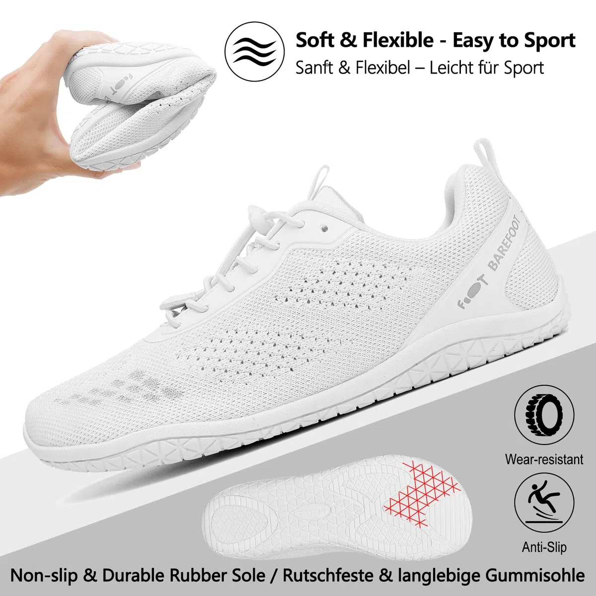 Geweo Barfußschuhe Damen Herren Minimalschuhe Barfuß Sneaker Unisex | Leichte & Atmungsaktive, Zero Drop Turnschuhe mit Schnellschnürung, Rutschfest, für Fitness, Yoga, Wandern, Indoor & Outdoor