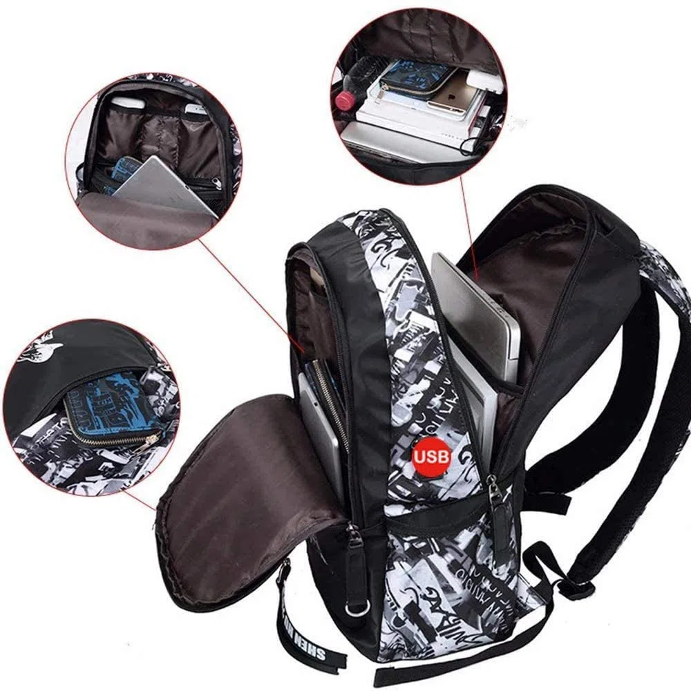 Asge 128-1 Oxford-gewebe Schulrucksack für Jungen Schulrucksack Druck Rucksack Jugendlichen Schultasche Outdoor Reflektierender Daypack, Grau, M
