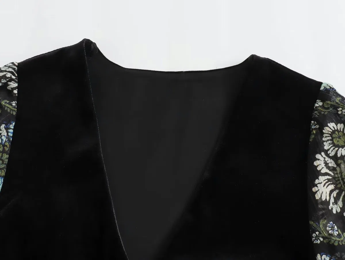 Frühlingsfrauen-Langarm-Patchwork-bedrucktes Kleid-Bildfarbe-L