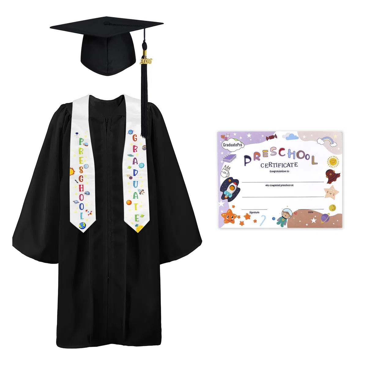 GraduatePro Kinder Abschluss Kappe und Talar Schal 2025 Vorschule Abschluss Gold Quasten Zertifikat Anzug 9 Farbe