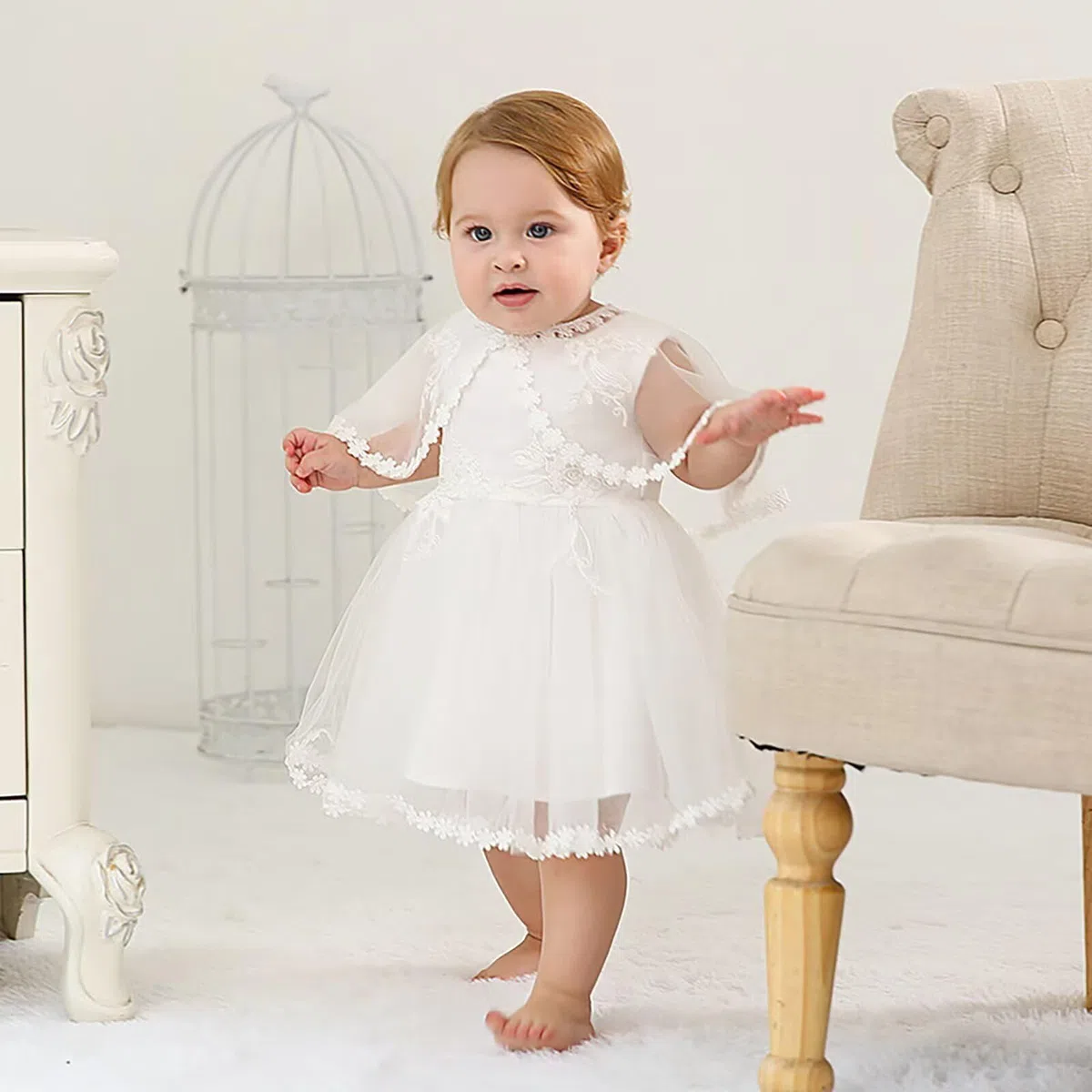 Baby Mädchen Weiß Taufkleid mit Haube Neugeborenen Taufe Kleid Spitzenkleid für Hochzeit Geburtstag